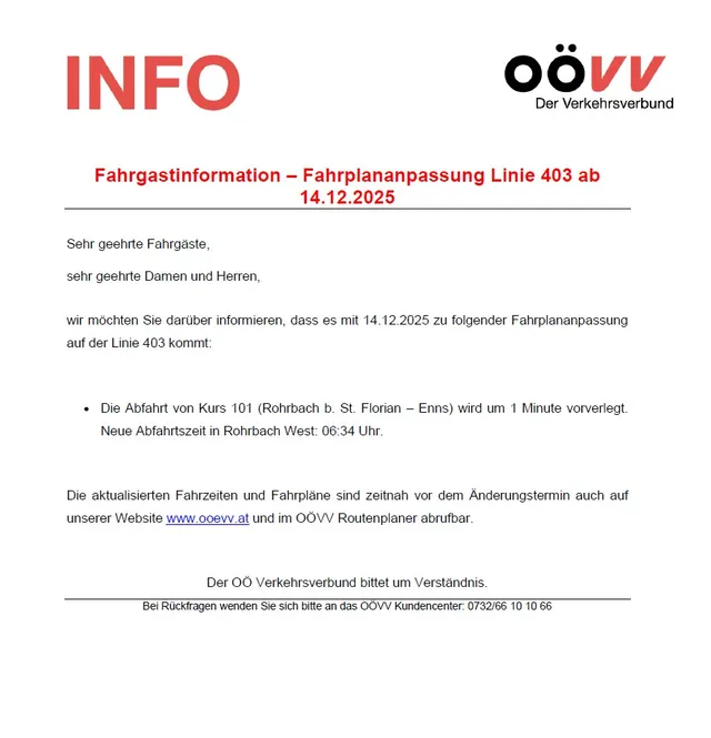 Fahrplanänderungen Linien 402 und 403 ab 14.12.2025